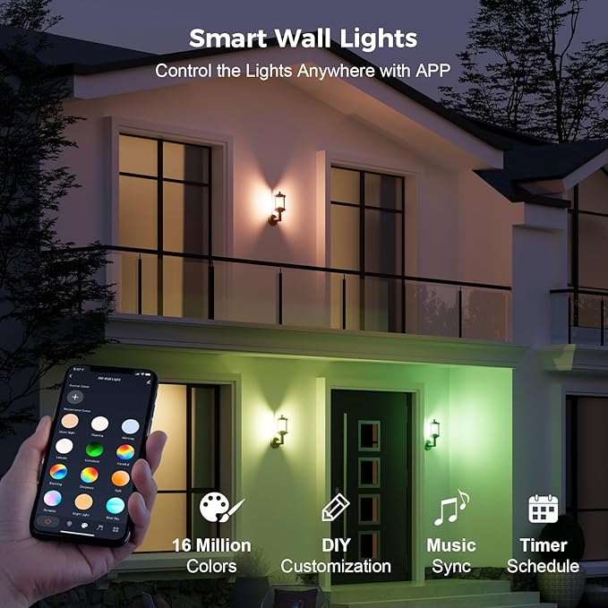 XMCOSY+ Outdoor Wall Lights, 1100LM Smart Porch Light, RGBCW LED Outdoor Sconce, WiFi APP Control, Compatible with Alexa, IP65 Waterproof, 1 Pack
