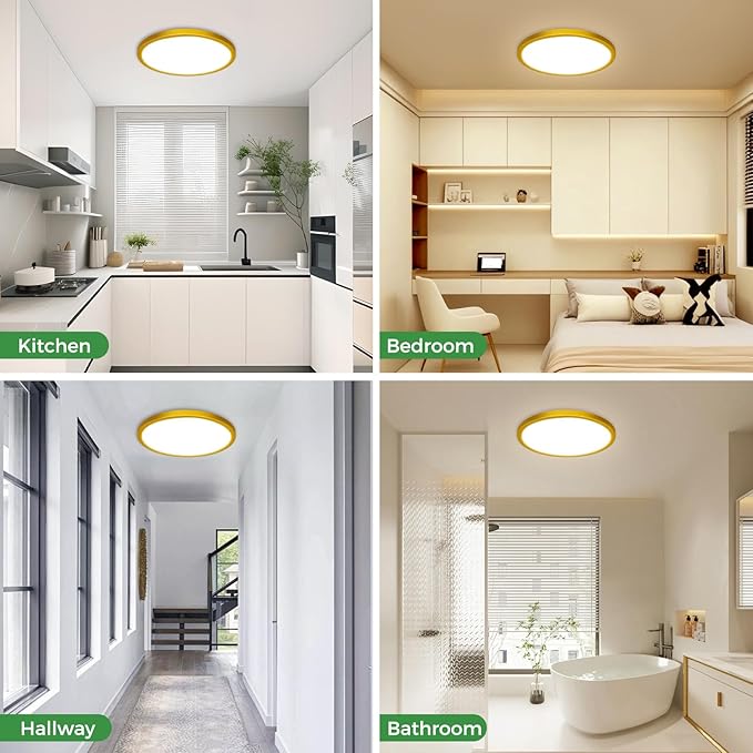 zemty 15" LED Flush Mount Ceiling Light, 30W Dimmable 5CCT (3000K–6500K) Gold Round Fixture | Bright Low-Profile Lighting for Bedroom, Kitchen, Hallway, Living Room-1Pack