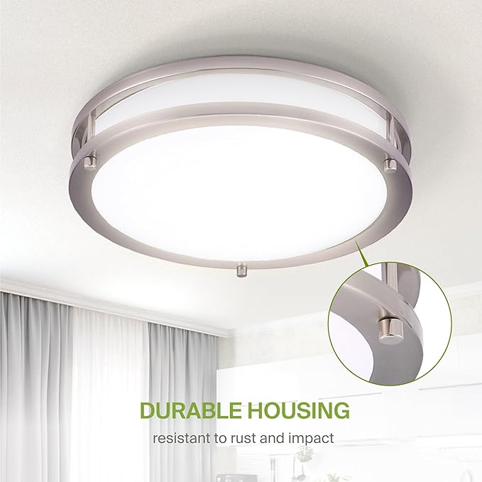 ASD LED 12" Round Flush Mount Lighting, Close to Ceiling Light Fixture | 3CCT, Dimmable, Energy Star, ETL Listed | 20W 1580LM 3000-5000K 100-277V | Low Profile Double Ring Lamp | Nickel