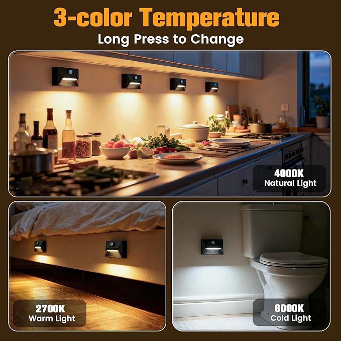 VOLISUN Motion Sensor Stair Light Rechargeable 2 Pack, Night Lights 3 Modes & 3 Color Temperatures, Magnetic Rechargeable Stick-On Lights for Stairs, Hallway, Cabinet(Black)