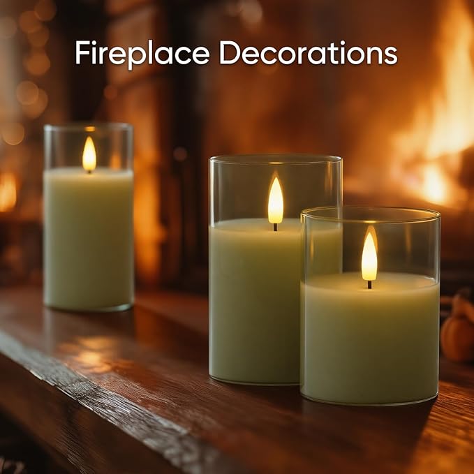 5plots Flameless Battery Operated Candles Set of 3, Green LED Candles with Remote Timer, Real Wax Glass Pillar Candles Warm Flickering Light for Indoor Home, Halloween, Christmas Decor D3 x H4 5" 6"