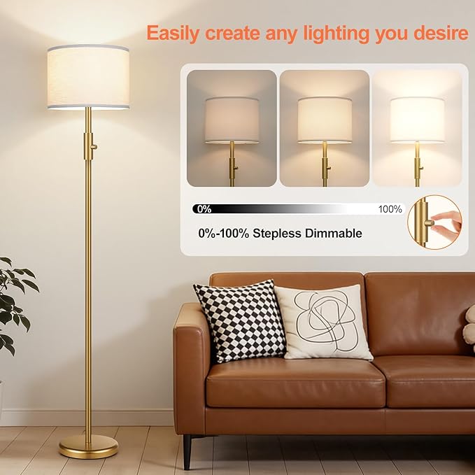 【Upgraded】 Dimmable Gold Floor Lamps for Living Room, 9W LED Bulb Included, Modern Standing Lamp with White Lamp Shade, Tall Pole Light for Bedroom Reading Office Corner Nursery