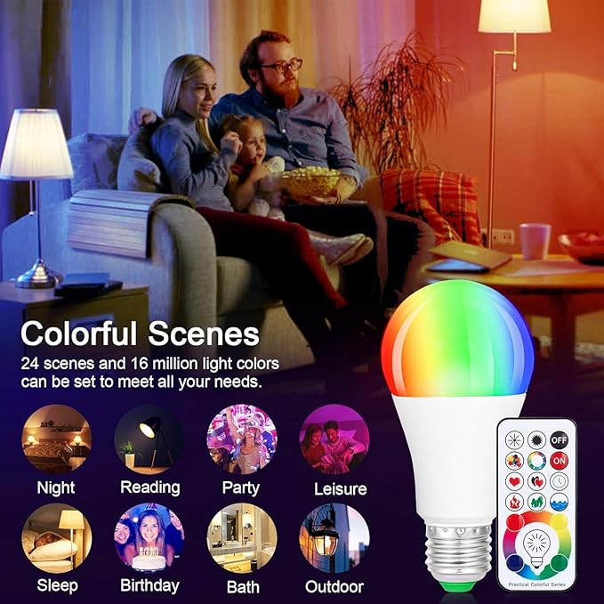 SUNNEST LED Light Bulbs, 4 Pack Dimmable E26 LED Light Bulb, 10W RGBW Color Changing Light Bulb with Remote Control, Decorative Lights, Mood Light Bulb, Great for Home Decor, Stage, Party and More