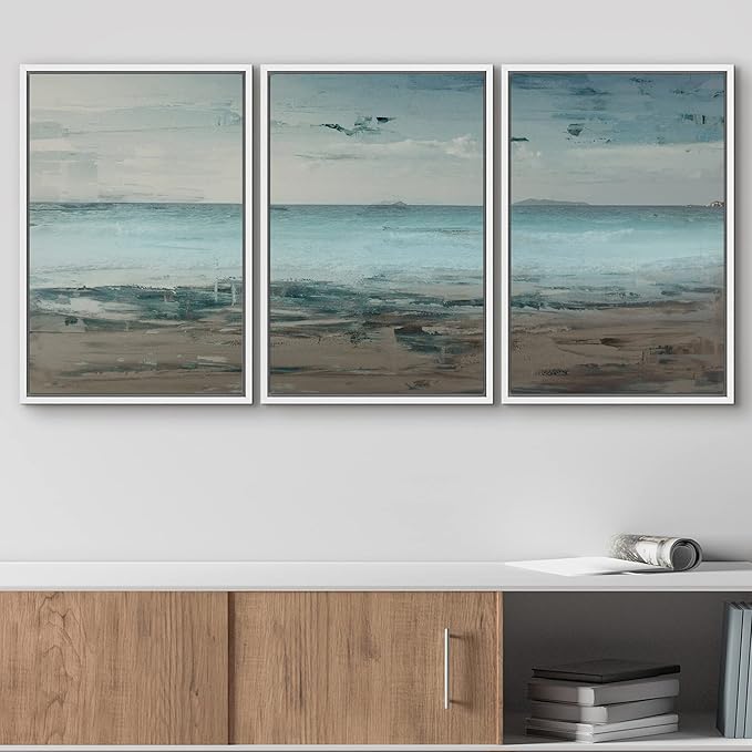 wall26 Framed Canvas Print Wall Art Set Grunge Teal & Brown Beach Shoreline Landscape Geometric Ocean Digital Art Minimalism Nautical Multicolor for Living Room, Bedroom, Office - 16"x24"x3 White