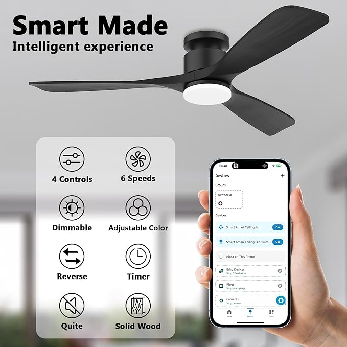 52 Inch Smart Low Profile Ceiling Fan,Solid Wood Ceiling Fan with Lights Remote,Outdoor Indoor Flush Mount,WIFI Alexa App Control,Quiet DC Motor,Dimmable,Modern Ceiling Fan for Bedroom Patio,Black