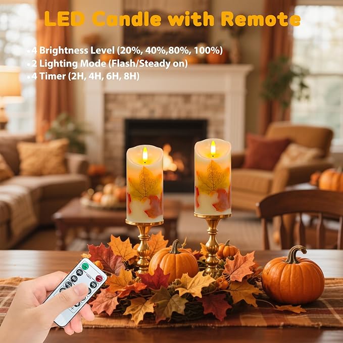Flameless Candles Light, Set of 2 6"x3" Maple Leaf Flickering LED Candles with Remote & Timer, Dimmable Electric Pillar Candles Battery Operated, Fall Candles for Thanksgiving Harvest Autumn Decor