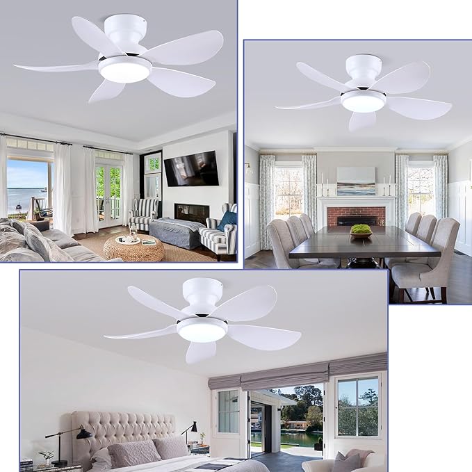 36 Inch Modern Ceiling Fans with Lights, Small Flush Mount Ceiling Fans, Remote/APP Control, 5 Reversible Curved Blades, 6 Speeds, 3 CCT Dimmable Lights for Kitchen Bedroom, White