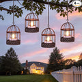 Solar-Hanging-Lanterns-Outdoor-Waterproof, Rust Birdcage Style Candle Holders with Flickering Solar Tea Lights for Backyard Patio Garden Fence Tree Decoration (4 Pack)