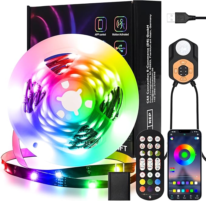 Motion Sensor LED Light Strip Indoor 19.68ft/6M, Under Bed Lights RGB Color Changing | Music Sync | App & Remote Control | ETL Listed Adapter Dimmable | Night Lights for Bedroom, Stair, Cabinet Decor