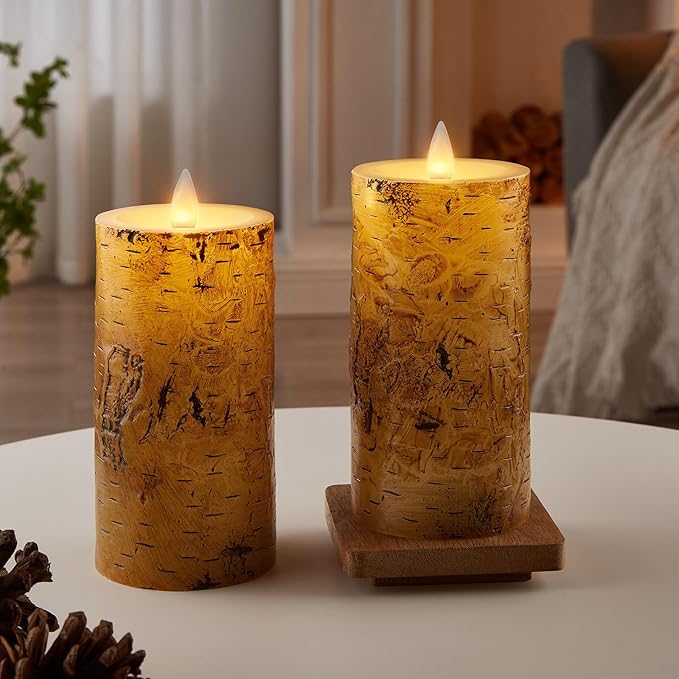 Birch Bark Wax Flameless Candles with Remote Timer, Last 400-Hour with 2AA Batteries, 3D Moving Flame Led Candles, Set of 2(3''x6''), Remote Included(Birch bark).