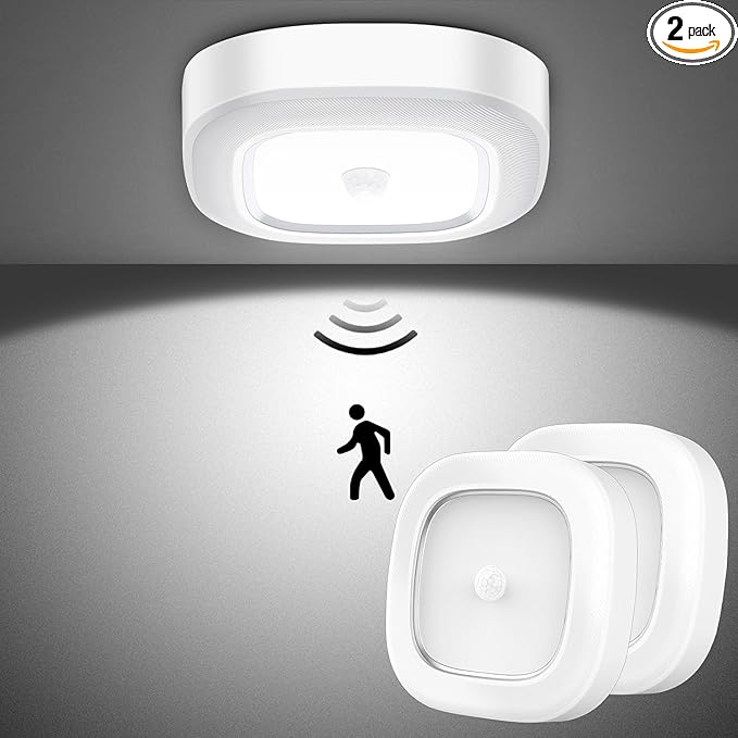 Closet Light, Battery Operated Ceiling Motion Sensor LED Light, 300LM Indoor Wireless, for Hallway, Garage, Stairway, Pantry, Shed Wall, 2 Pack