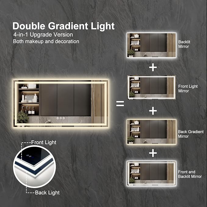 LED Bathroom Mirror with Lights, 72x36 Inch Gradient Front and Backlight LED Mirror, 3 Colors Dimmable CRI>90 Double Light, IP54 Enhanced Anti-Fog, Hanging Plates Wall Mount Bathroom Mirror