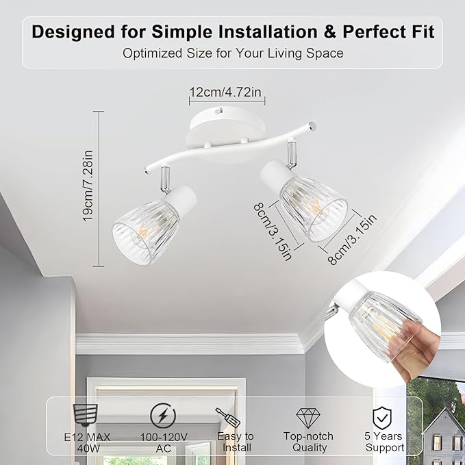 HiBay 2-Light Track Lighting, Directional Modern Ceiling Light Fixture White w/Glass Shades, Flush Mount Wall Spotlight Indoor for Kitchen, Bedroom, Living Room, E12 Base, No Bulbs