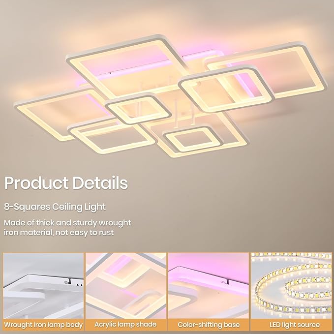 Modern LED Ceiling Light, 100W Dimmable LED Chandelier Black Flush Mount Ceiling Lights, Remote Control Acrylic Ring Ceiling Lamp Fixture for Living Room Dining Room Bedroom,White,3000-6000K
