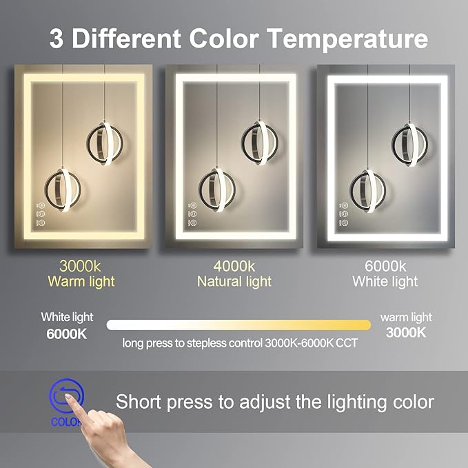LED Bathroom Mirror, 32x24 Inch Bathroom Vanity Mirror Wall Mounted with 3000K-6000K Adjustable, Anti-Fog, Smart Touch Button, Stepless Dimmable Lighted Makeup Mirror, Horizontal/Vertical