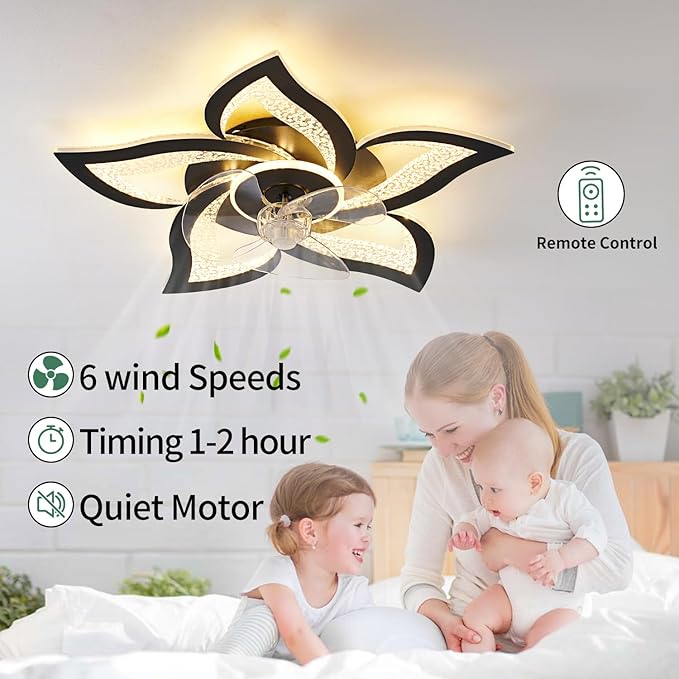 Ceiling Fan with Lights Remote Control, Black Personalized Ceiling Fan with Light, 6 Speeds 3 Light Color Flush Mount Ceiling Fan for Kitchen Bedroom