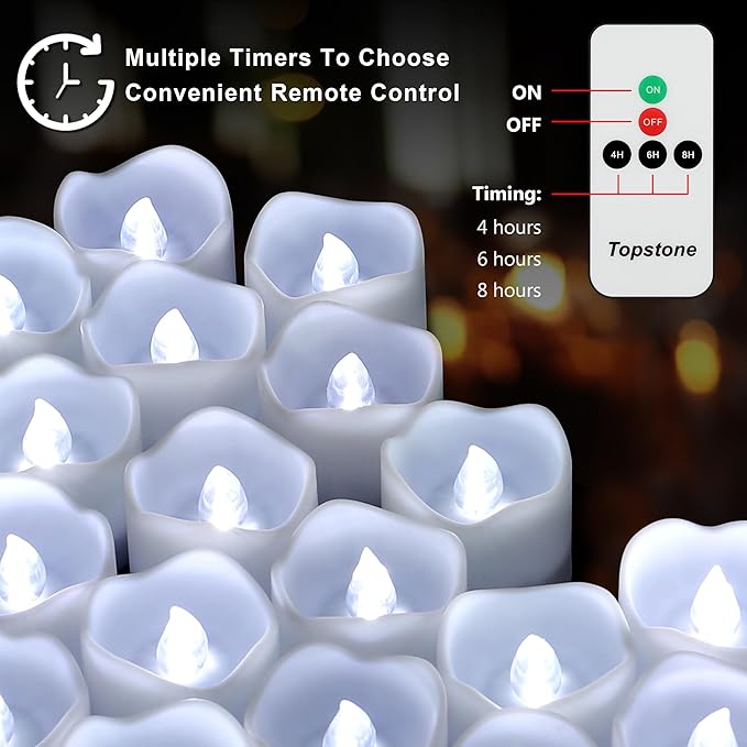 Topstone Flameless Electronic Candle Lights with Remote Control, 400 Hour Battery Life, Cold White LED Realistic Flickering Candles for Home Decor, Wedding, Christmas, Votive, Jar, Centerpiece