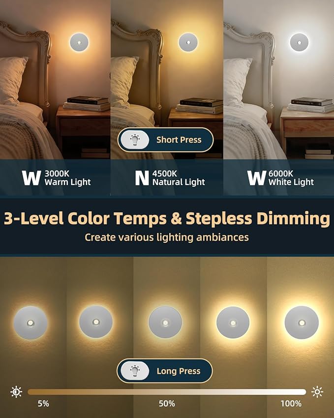 Yiliaw Motion Sensor Night Light, Rechargeable Nightlight Indoor, Warm White with Wireless Magnetic Mount, Adjustable Brightness & 3 Color Temps for Hallway, Stairway, Bathroom, Closet (2 Pack)