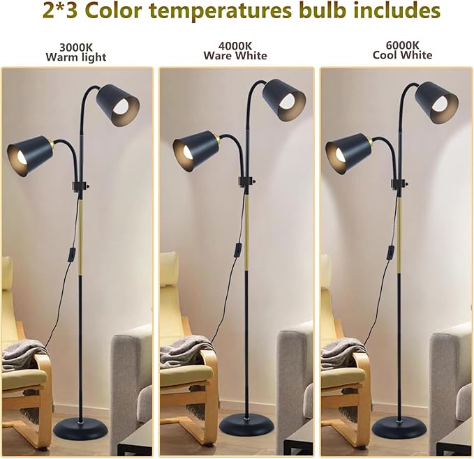 AoMck Floor Reading Lamp, Industrial Metal Floor Lamps for Living Room with Adjustable Bendable, 2 in 1 Reading Table Lamps for Living Room Bedroom Office, 12W Bulbs Included (White-2 Heads)