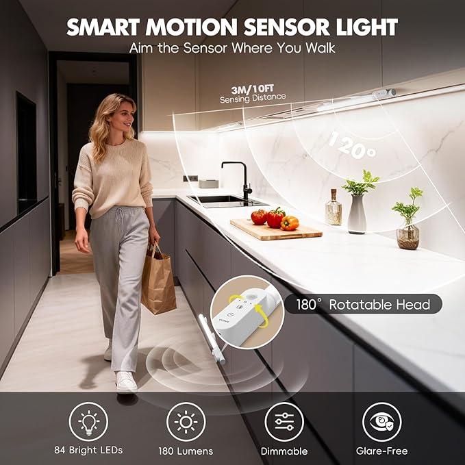 15.4" Motion Sensor Closet Lights, 180° Rotatable Under Cabinet Lighting Wireless, 180 Lumens Rechargeable Magnetic Indoor Light Bar, 3 Colors Dimmable for Wardrobe, Kitchen, Pantry (2 Pack)