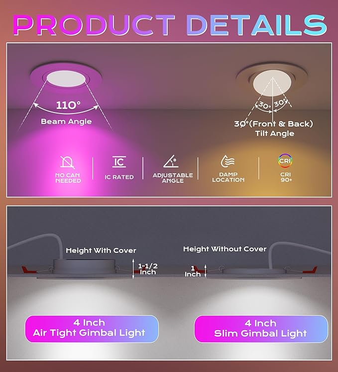 CLOUDY BAY 4 inch Gimbal Smart WiFi LED Recessed Lights,RGBCW Color Changing,Compatible with Alexa and Google Home Assistant,No Hub Required,2700K-6500K,IC Rated,Pack of 4