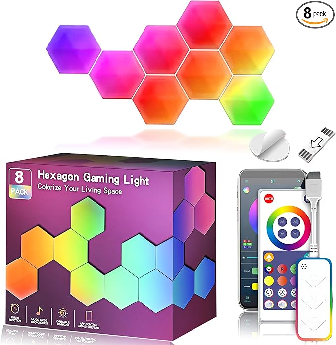 Hexagon LED Lights 8 Pack, Smart RGB Wall Decor with APP/Voice Control, Music Sync, DIY Modular Honeycomb Lights for Gaming Room, Bedroom, Home Theater Wall Decor