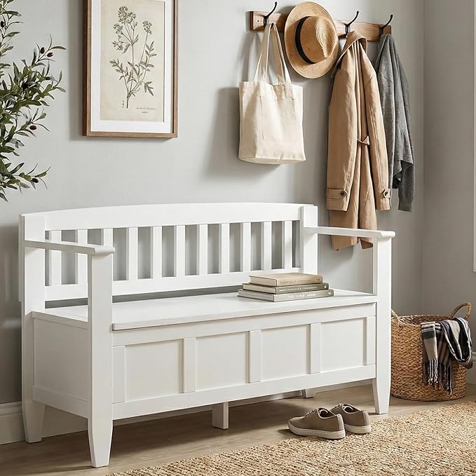 SIMPLIHOME Brooklyn Entryway Storage Bench - 48 inch Wide Solid Wood Storage Seat in Chantilly White, Contemporary Bench for Entryway or Living Room with Lift-Up Lid and Slatted Backrest