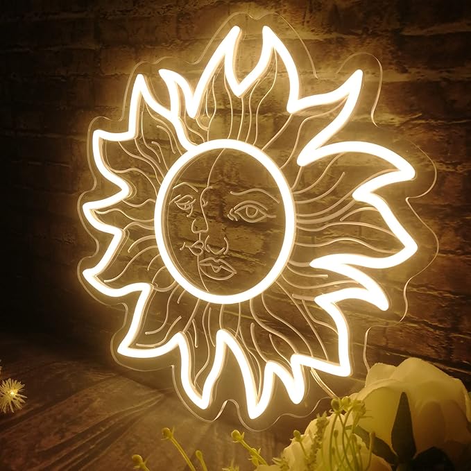 3D Sun and Moon LED Neon Light, Sunflower Neon Light Retro Sun Moon Face Neon Sign, Indie Boho Style Moth Constellation Aesthetic Wall Decor for Bedroom Dorm Living Room Man Cave, Birthday Gifts - 12"