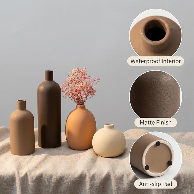 Ceramic Vase Set of 4, Modern Neutral Colors Home Decor, Rustic Farmhouse Decorative Flowers Vases for Bouquet, Pampas | Table Mantel Centerpiece Bookshelf Living Room Bedroom (Neutral Mix Set of 4)