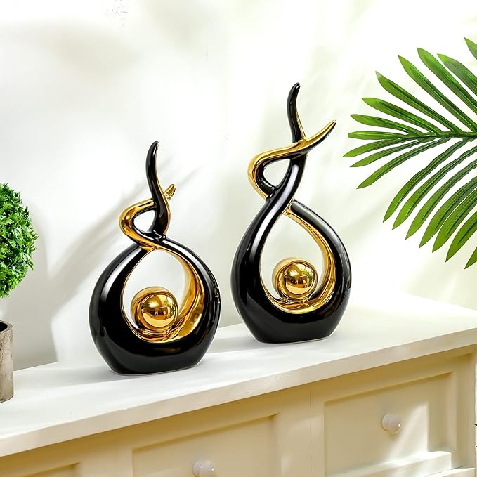 Gerrii 2 Pcs Modern Room Ceramic Decor Center Pieces Table Decorations Ceramic Statue Coffee Table Decor Centerpiece for Home Office Coffee Living Room, 2 Size(Black, Gold)