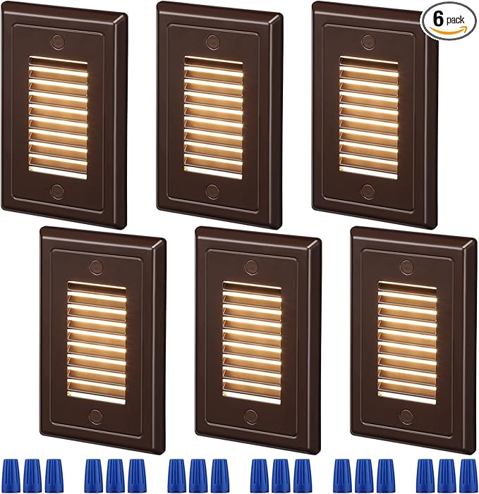 LEONLITE 120V Line Voltage LED Step Lights, Dimmable LED Stair Light, ETL Listed, 3W Surface Mount Louvered Step Light, Vertical Design, Waterproof Aluminum, 3000K Warm White, Bronze, Pack of 6