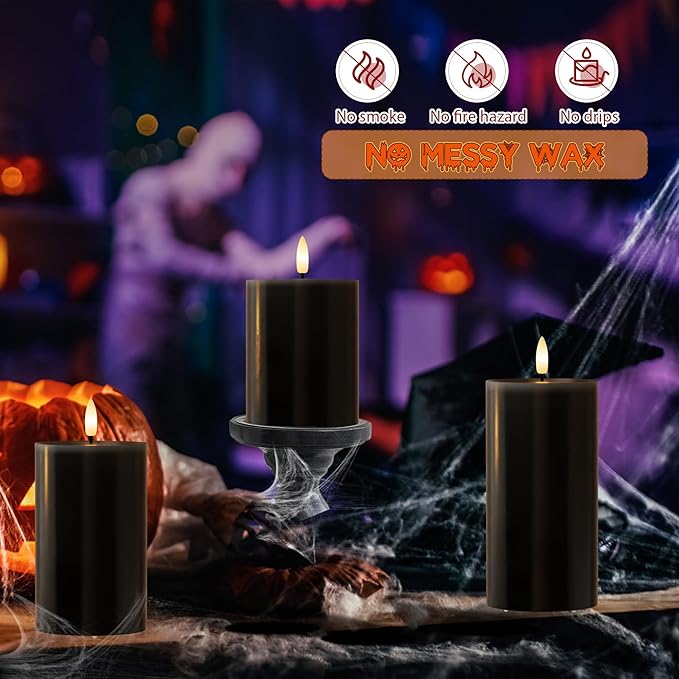 Black Flameless Candles, Halloween Candles with Remote, Battery Operated Gothic LED Candles, Real Wax Flickering Flameless Pillar Candles for Home, Party, Halloween, 3 Pack