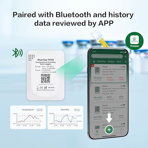 Freshliance Bluetooth Temperature Humidity Data Logger Recorder, Refrigerator Freezer Thermometer Hygrometer, Digital Remotely Temperature Humidity Monitor with Smart APP Data Analysis, BlueTag TH20