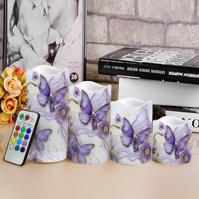 Purple Butterfly LED Pillar Candles Bulk Set of 4 with Timer Remote Color Changing Electric Fake Candles for Home Decorations