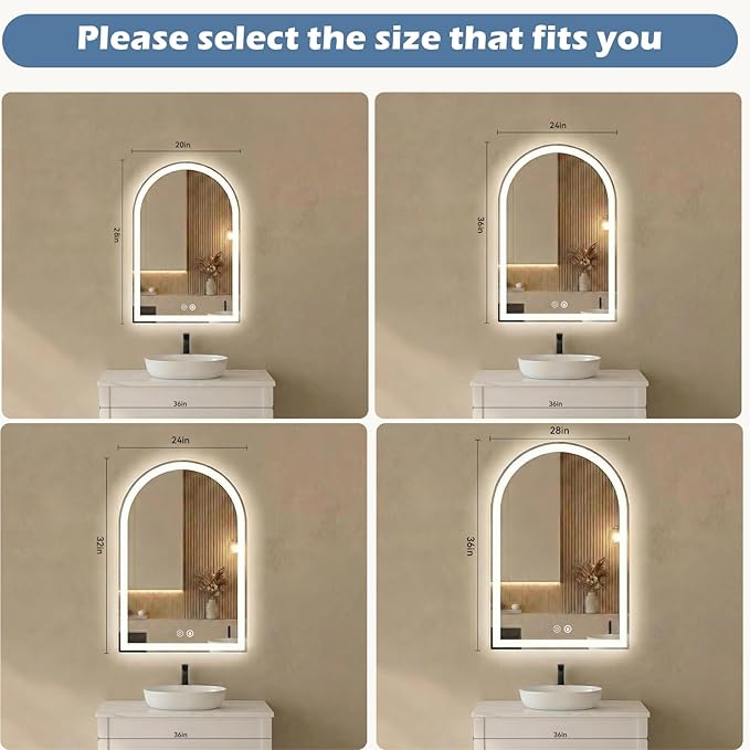 Sweetcrispy 24"×32" LED Bathroom Mirror with Lights, Arched Vanity Mirror with Anti-Fog, Dimmable, 3-Color Light, Memory Function, Tempered Glass