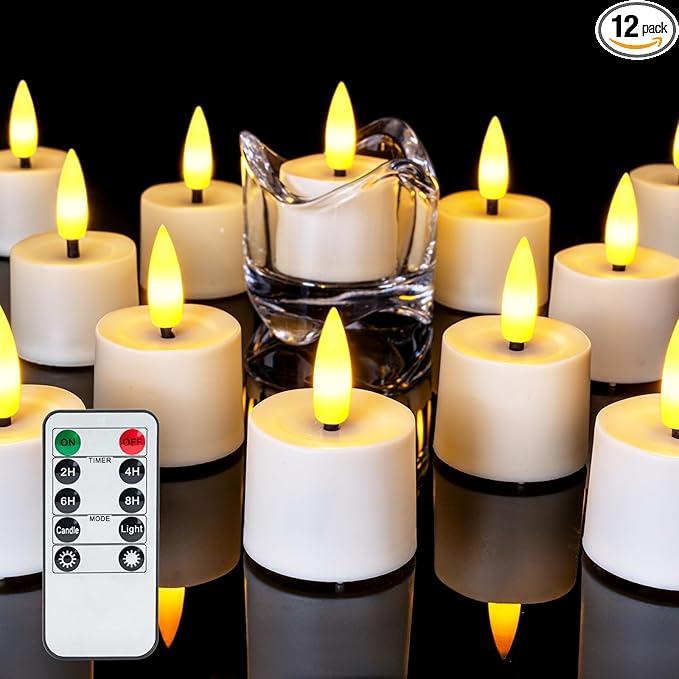 Remote Candles, 12Pcs Timer LED Votive Candle, Realistic 3D Flickering Flameless Tea Lights Candle Battery Operated with 2/4/6/8H Timer for Home Decor- White Base