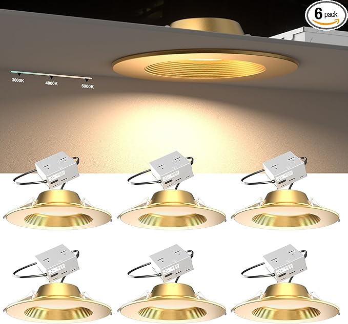 Lightdot 6 Inch Recessed Lighting 6 Pack Gold, 12W Dimmable LED Downlight 3CCT Selectable (3000K/4000K/5000K), Anti-Glare Slim Canless Ceiling Light