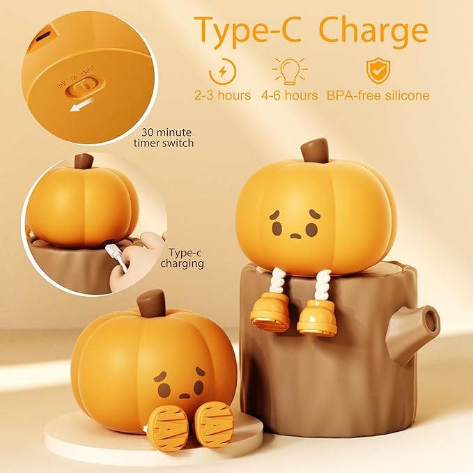 Cute Pumpkin LED Night Light, 3 Level Dimmable Nursery Nightlight, Silicone Soft Light Lamp Gift, Rechargeable Bedroom Touch Lamp for Breastfeeding, Kids, Girl, Boy, Halloween Decor (Pumpkin shape)