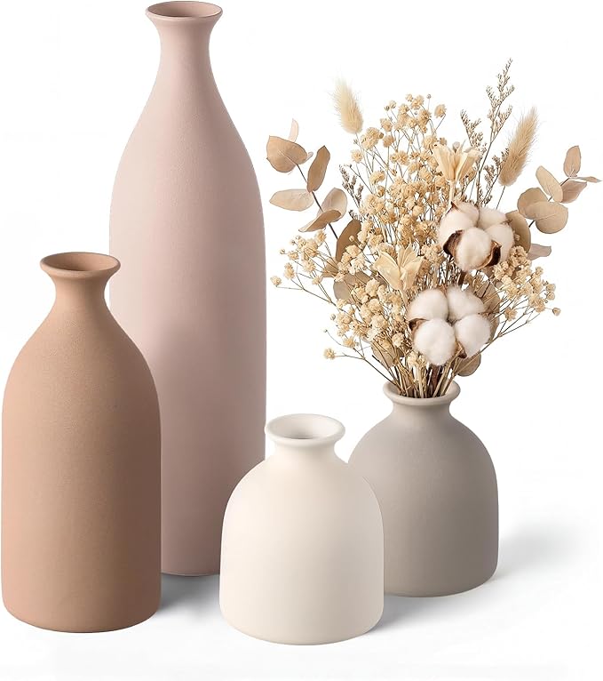 Dandat Beige Ceramic Vase Set of 4, Modern Decorative Ceramic Vases Rustic Pottery Centerpiece Table Decor for Farmhouse Bouquet Pampas Grass Dried Fresh Flowers, Living Room, Kitchen, Bedroom