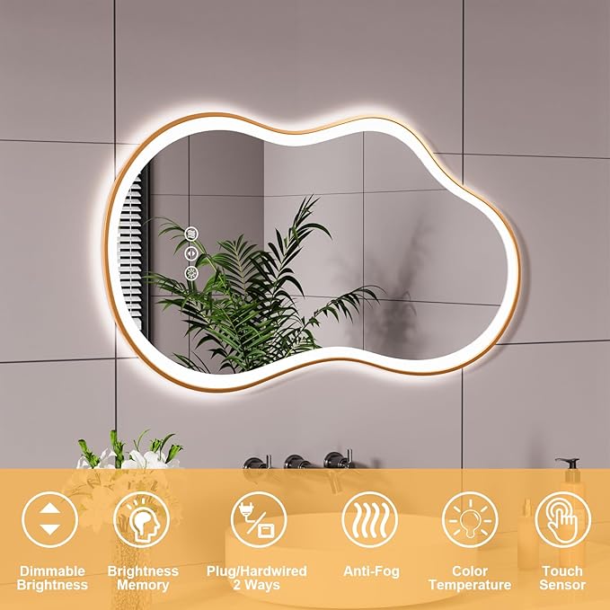 WTTY LED Irregular Bathroom Mirror 20x36 Inch with Front & Back Lights - Asymmetrical Design, Anti-Fog, Dimmable 3 Color Temperatures, Shatterproof Glass, Horizontal or Vertical Mount (Gold Frame)