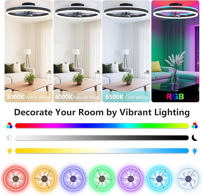 RGB Ceiling Fans with Lights, 19.7" Smart Low Profile Ceiling Fan, Modern Flush Mount Fandelier Light with Remote/APP Control, Dimmable Led Ceiling Fan Light for Living Room, Bedroom, Indoor