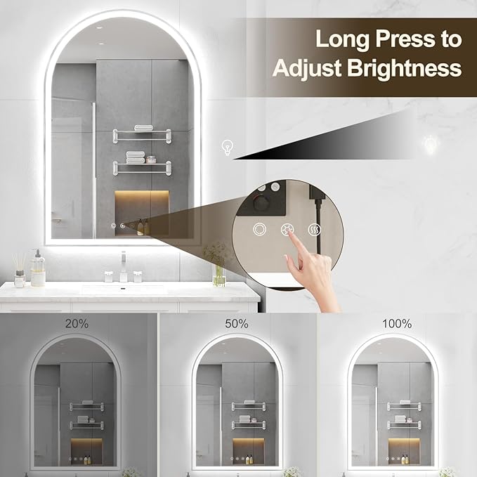 Arched LED Mirror for Bathtoom 24"x36", Silver LED Bathroom Mirror with Lights-Fogless, Dimmable, Shatterproof, Touch Sensor, 3 Color Changing