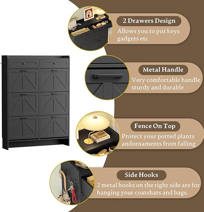 Shoe Cabinet for Entryway, Farmhouse Shoe Storage Cabinet with 6 Flip Drawers and 2 Top Drawers, Tall Narrow Shoe Organizer Cabinet with Adjustable Shelves, Side Hooks and Anti-Tip Kit