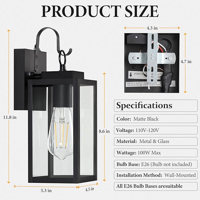 11.8-inch Dusk to Dawn Outdoor Wall Lights, Black Exterior Light Fixture with Clear Tempered Glass, IP65 Waterproof All-Metal Sconce for Porch, Front Door, Garage
