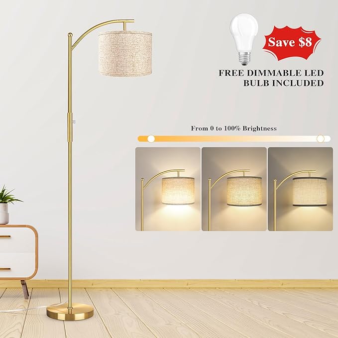 ROTTOGOON Dimmable Floor Lamp, Arc Floor Lamps for Living Room, Stepless Dimming Modern Standing Lamp with Linen Shade, Tall Lamp for Bedroom Office Dining Room- Brushed Gold