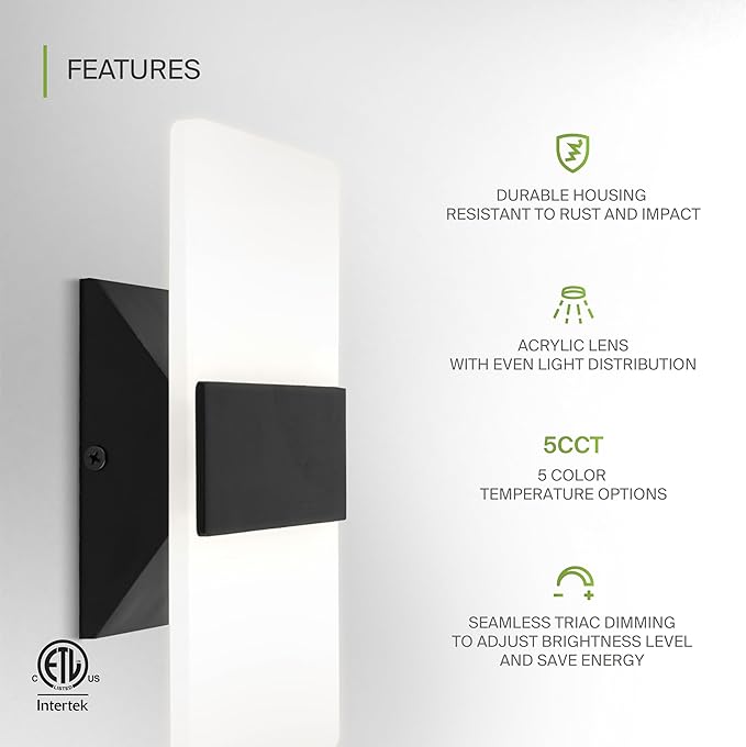 ASD 8 Inch Indoor LED Wall Sconce - 10W 2700K-5000K Dimmable Black Wall Sconce Lights for Living Room, Bedroom, Bathroom, Hallway - Modern Wall Sconces Hardwired, ETL Interior Light