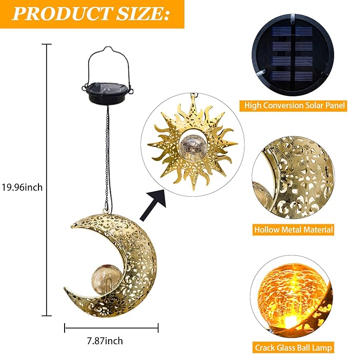 Solar Hanging Sun and Moon Lights Garden Outside Decor,2 Pack Metal Lanterns Outdoor Sunflower Art Decorations for Porch Backyard Patio Wall Tree,Unique Gardening Gifts for Women Mom Grandma