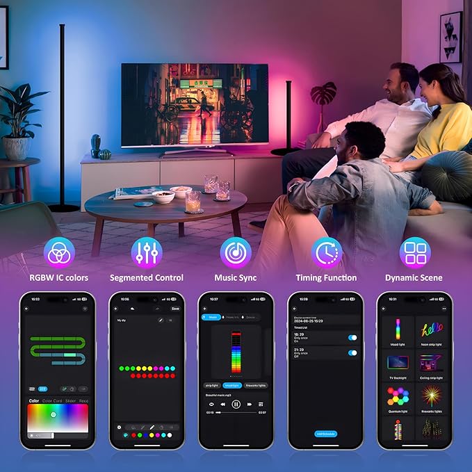 Corner Floor Lamp, RGB IC LED Corner Lamp, 16 Million DIY Color & Warm White, Music Sync and Timing Function, Color Changing Ambient Lights for Living Room, Bedroom, Gaming One Connected Pair