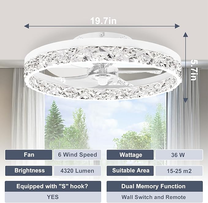 VOLISUN Modern Ceiling Fans with Lights and Remote, 19.7in Low Profile Ceiling Fan Flush Mount, 3000K-6500K Dimmable Bladeless LED Fan Light, White Fandelier Ceiling Fans with Lights for Bedroom