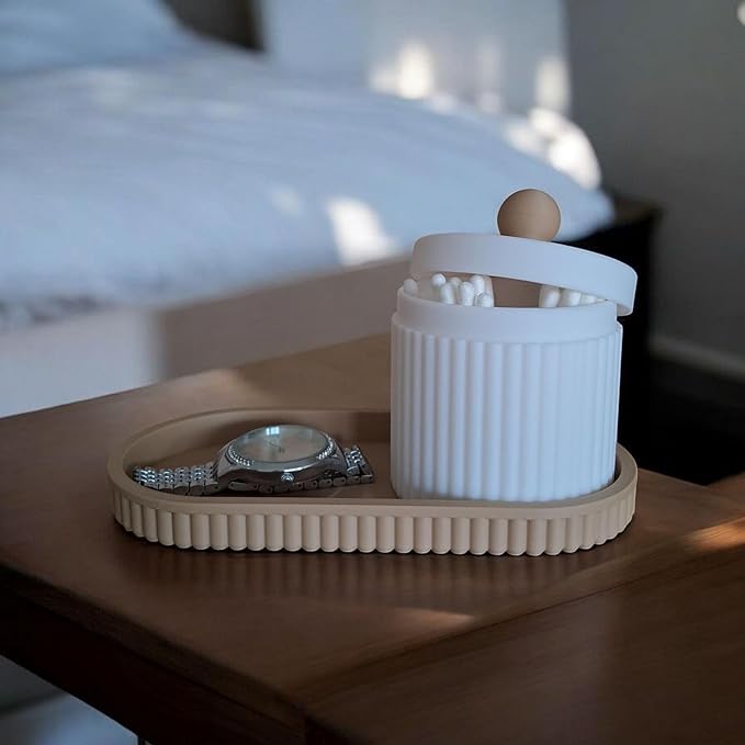 Modern Ribbed Organizer Set with Tray and Jar | Minimalist Storage for Jewelry Makeup and Decor | Compatible with Handcrafted Eco Friendly Home Accessory